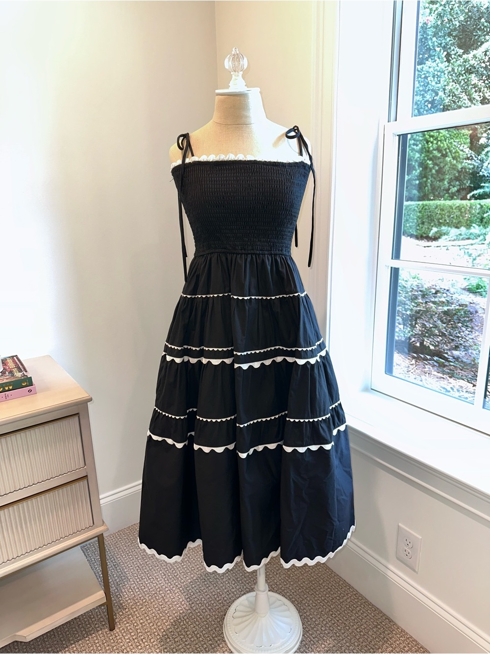 AUREUM Black Tiered Smocked Sundress with White Trim